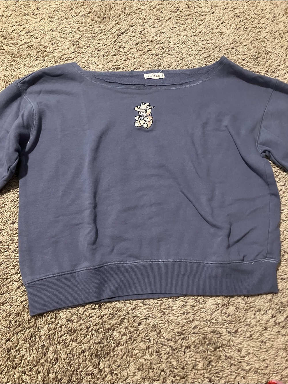 Aeropostale Off-the-Shoulder Sweatshirt in Dusty Blue with Bear Patch